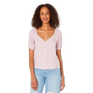 Madewell Purple + Tan Linen Blend Puff Sleeve Plaid Button Wrap Top - XL
